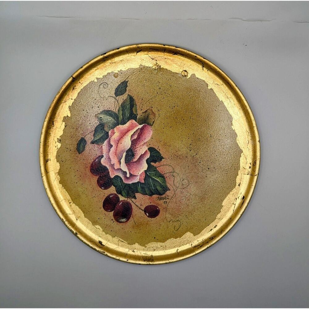 Vtg Italian Florentine Round Tole Tray Floral Design Ornate Gold Gilt w/ handles